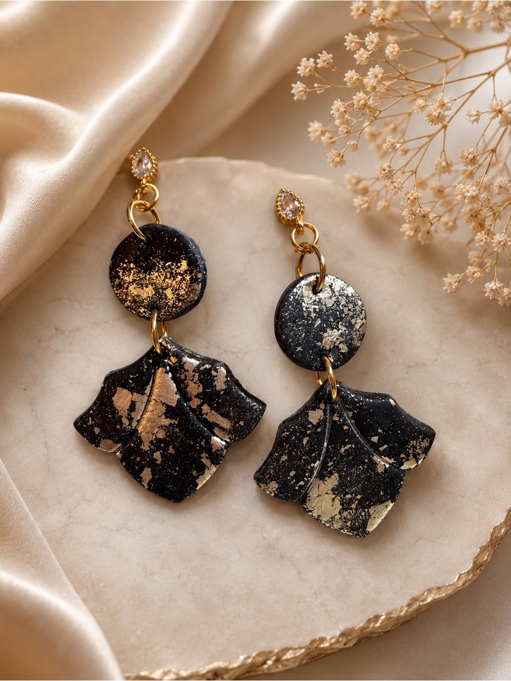 Black & Gold Leaf Drop Handmade Polymer Clay Earrings - Elegant Women’s Jewelry